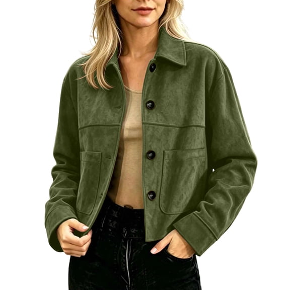 GUACER Womens Faux Suede Jackets Trendy Button Down Collared Shacket Casual Lightweight Cropped Jackets with Pockets
