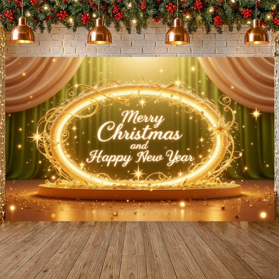Golden Theme Christmas Banner Illuminated Design Festive Backdrop Sparkling Stars Ornate Frame Holiday Background for Christmas Party New Year Celebration Indoor Decoration