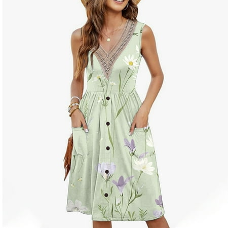 BSDJILFG Mini Dresses for Women Sexy V Neck Lace Side Floral Printed Sleeveless Ribbed Babydoll Summer Dress S-XXL