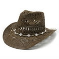 thumbnail image 2 of Women's Crochet Western Cowboy Straw Hat Hollow Out Woven Sun Hat with Pom Pom Band, 2 of 4