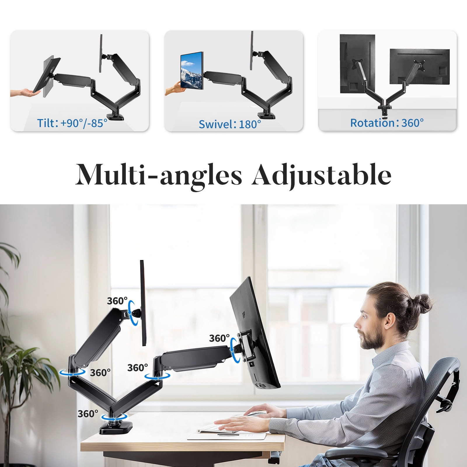 CONCETTA Dual Monitor Arm, Spring-Adjustable Desk Mount for 13-32" Screens, Supports up to 17.6lbs