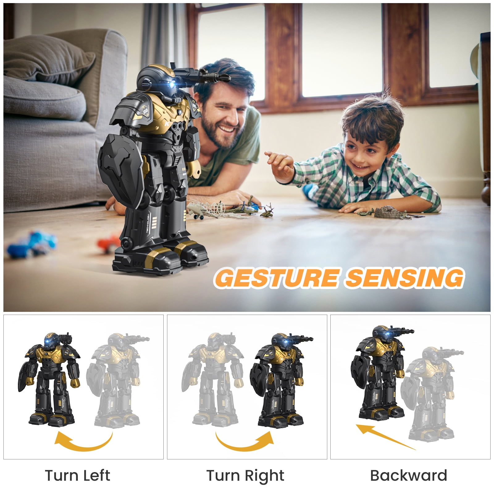FEBFOXS Kids RC Robot Toy, Smart Robot with Talking, Singing, Dancing, Interactive Touch Sensor, Remote Control Toys for Kids ages 3-10, Gold