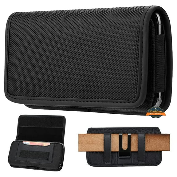 For Samsung Galaxy S23 FE (Fan Edition) Pouch Case Universal Horizontal Canvas with Credit Card ID Slot and Belt Clip Loop Holster Cell Phone Holder Cover - Black