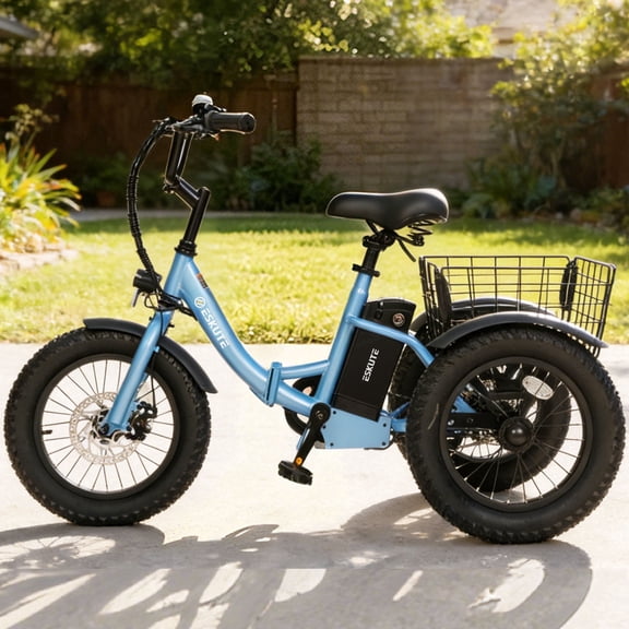 ESKUTE Electric Tricycle for Beginners, 16" x 3.0 Fat Tire Folding 3-Wheel E-Bike, 500W Peak Motor, 302Wh Battery, Step-Thru Design, 12.5 MPH, Blue