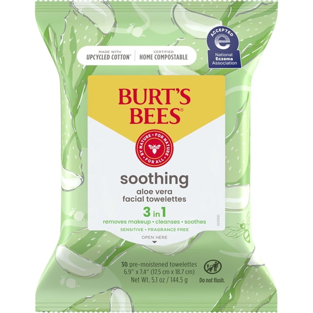 Toallitas faciales Burt's Bees, aloe vera, piel sensible, 30 unidades