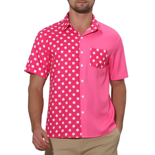 CAMISA DE PARCHEO DE BOTONES DE MANGA CORTA CON PUNTOS DE POLKA PARA HOMBRES INSPIRADOS EN EL VERANO COLOR ROSA