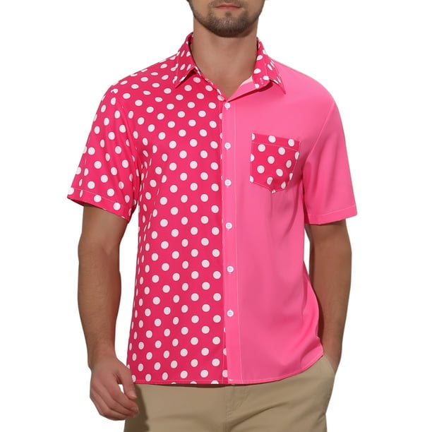CAMISA DE PARCHEO DE BOTONES DE MANGA CORTA CON PUNTOS DE POLKA PARA HOMBRES INSPIRADOS EN EL VERANO COLOR ROSA