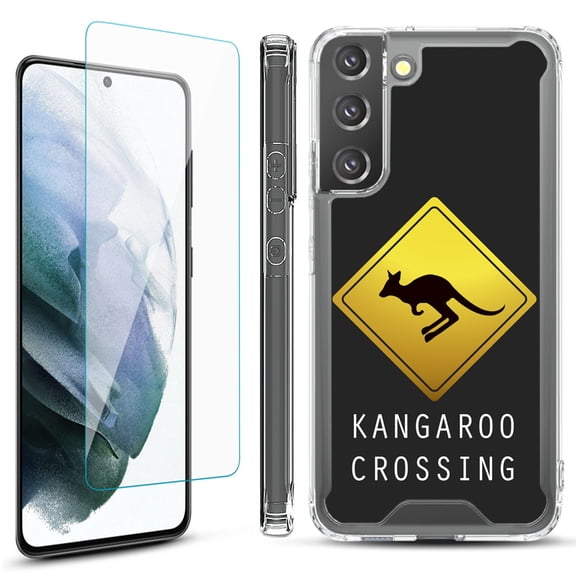 Shockproof Bumper Phone Case for Samsung Galaxy S22  / S22 Plus 5G, with Tempered Glass Screen Protector, by OneToughShield ® - Road Sign Kangaroo