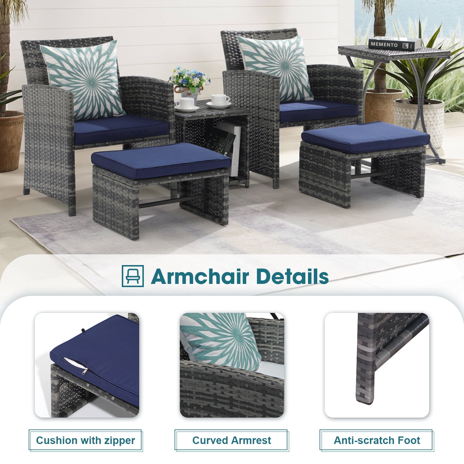 JOIVI 6 Piece Patio Furniture Conversation Set, with Ottoman, Outdoor Grey Wicker Chair and Table Set, Navy Blue