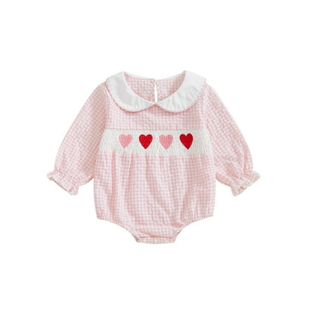 

My First Valentines Day Baby Girl Outfit Newborn Heart Doll Collar Smocked Bubble Romper Bodysuit Cute Clothes