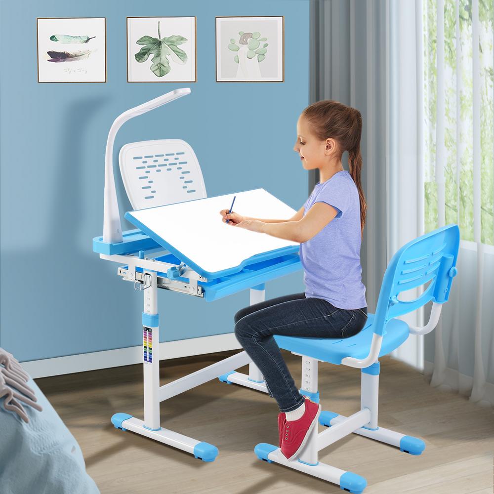 Pull-Out Drawer Storage and Touch Led for School Students Height Adjustable Children Study Table with Wood Tiltable Anti-Reflective Tabletop Pirecart Kids Desk and Chair Set Blue Bookstand 