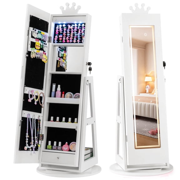 Infans Swivel Kids Jewelry Cabinet with Lights, Full-Length Mirror & Built-in Mirror