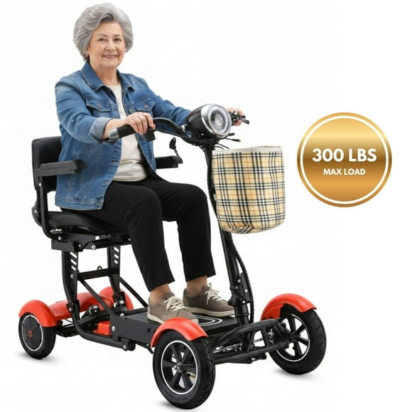 4 Wheel Mobility Scooter for Seniors & Elderly - Portable Folding Electric Powered Wheelchair for Adults - 16" Wide Seat w/ Front Basket Included - Matte Red