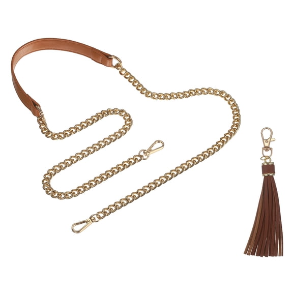 Uxcell Purse Chain Strap, Purse Strap Replacement 47" Dark Brown/Gold PU Leather Metal Chain Straps with Light Brown Tassel Set Lightweight Stylish Accessory for Crossbody Shoulder Handbag Bag Women