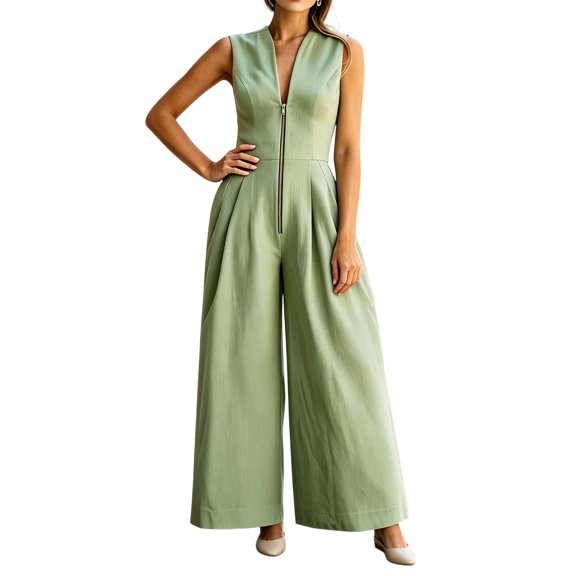 TOUMENY Spring Fall Jumpsuits for Women Casual Sleeveless Wide Leg High Waist V-Neck Zipper Romper Solid Fashion Vacation Party Loose Fit Green M