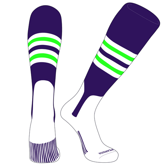 PEAR SOX OTC Baseball Softball Stirrup Socks (F, 7in) Purple, White, NEON Green (S)
