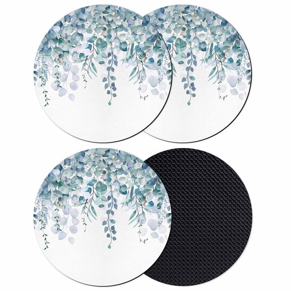 Teal Blue Eucalyptus Leaves Coasters Set of 4,Soft Absorbent Coasters for Drinks,Spring Floral Summer Botanical Non-Slip Cup Coaster Mat with Rubber Bottom for Home Kitchen Coffee Bar Table Decor 4"