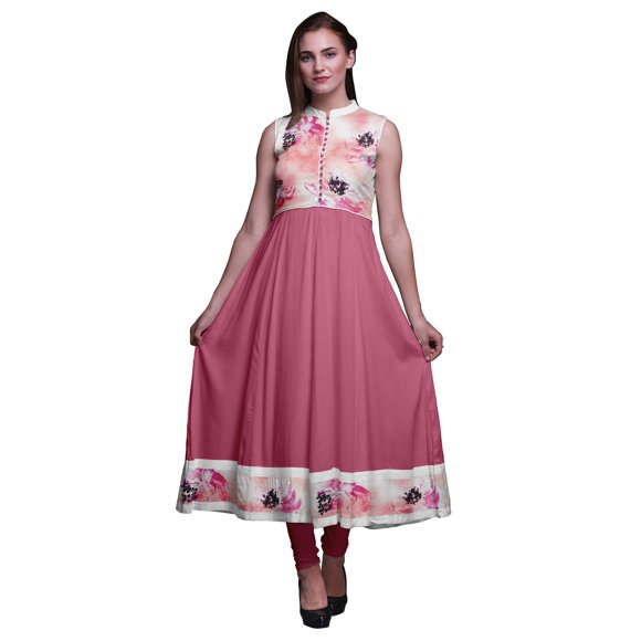 Bimba Pink Watercolor Anarkali Dress Mandarin Collar Sleeveless Kurtis for Women Print Maxi Dress XXX-Large