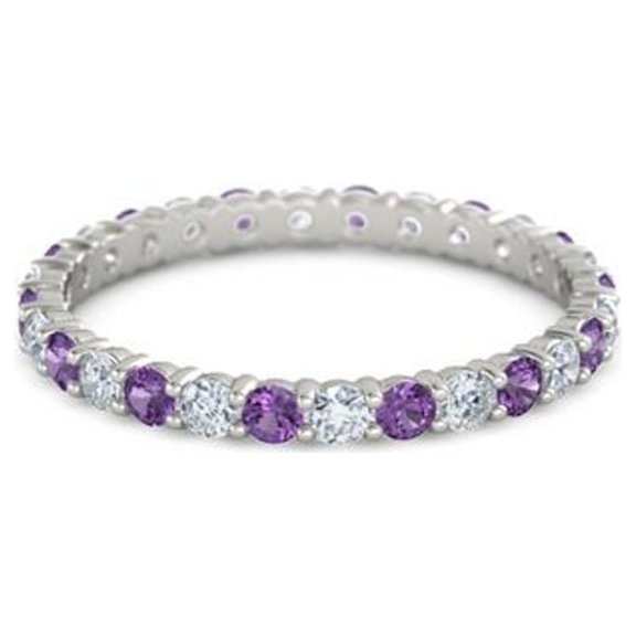 925 Sterling Silver Full Eternity Amethyst With White Cz Round 2.50 MM Women Stacking Ring (Sterling Silver, 7)