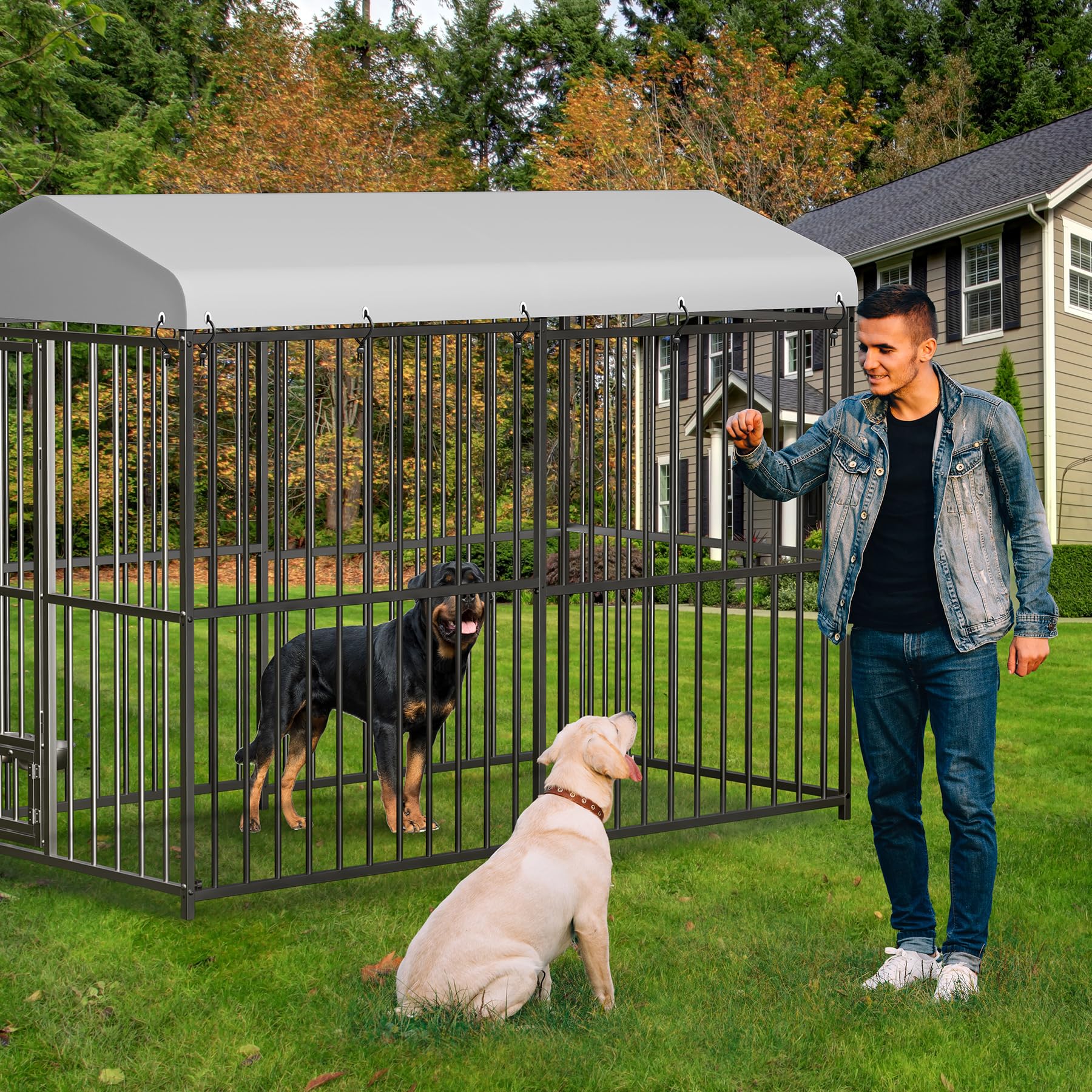 Large Dog Kennel Outdoor, Heavy Duty Outside Dog Kennel Pet Pens Dogs Run Enclosure with Anti-UV Waterproof Cover, Lockable Door for Medium to Small Dog