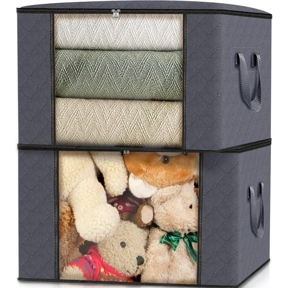 2-Pack 84L Large Fabric Storage Bins, Closet Organizers, Under-Bed Storage, Foldable Clothes Storage Bags with Handles, Containers for Clothing, Quilt, Blanket, Comforters, Bedding, Gray