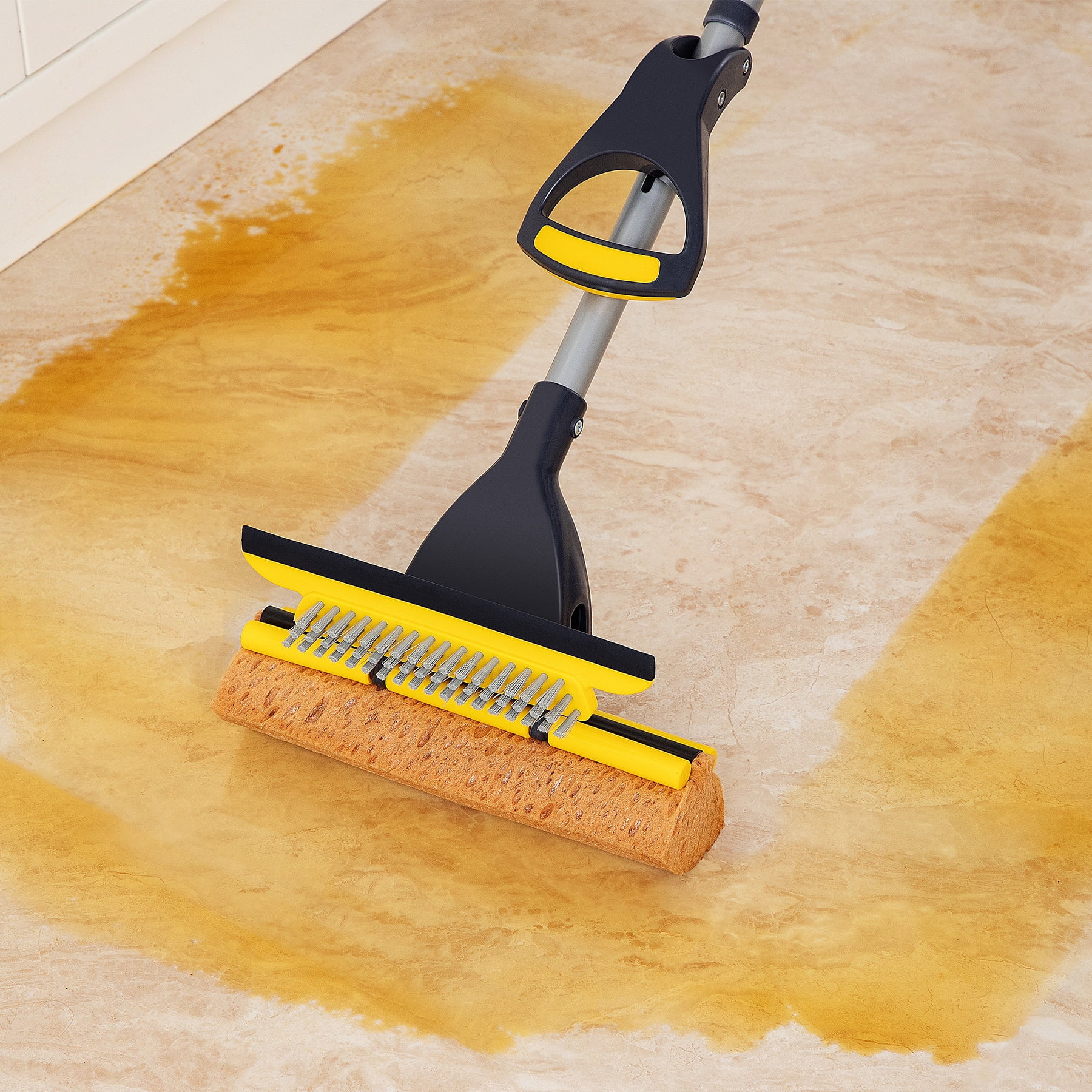Eyliden Squeeze Sponge Mops for Floor Cleaning Scrub Brush with long handle and Built-in Brush, 2 Heads, Black