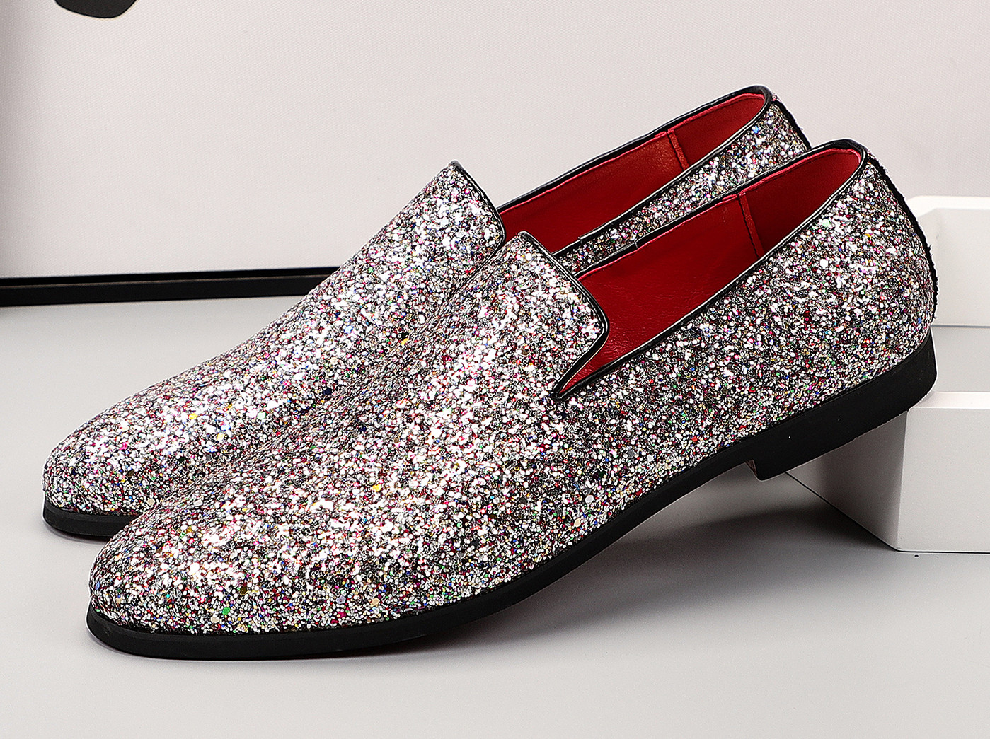 Men\'s Silver Vintage Glitter Loafers Slip On Tuxedo Dress Party Classic Shoes Glitter main image 2