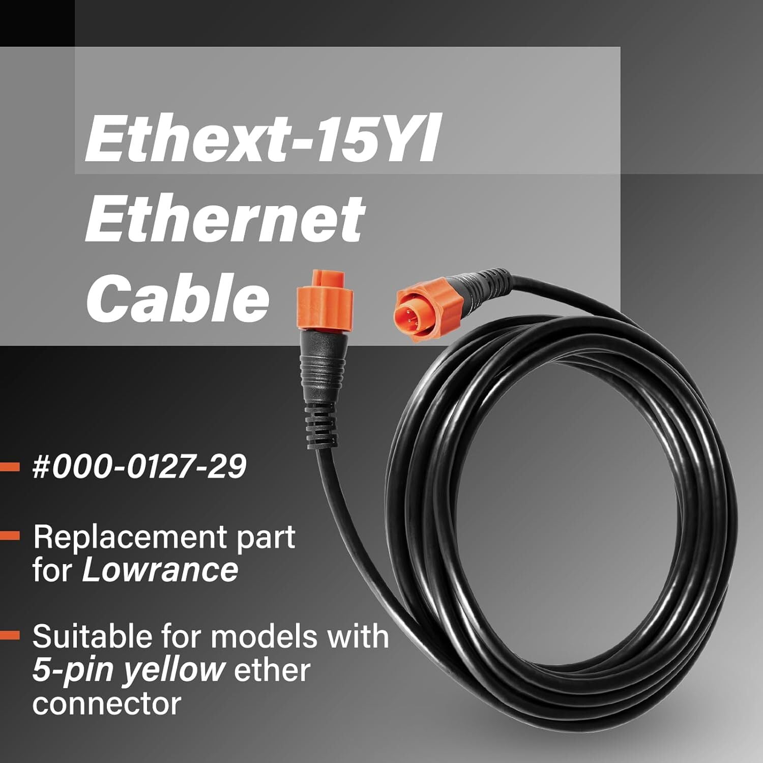 for Lowrance Ethernet Cable Cat6 w/ 5-pin Yellow Ether Connector 15-Feet 127-29