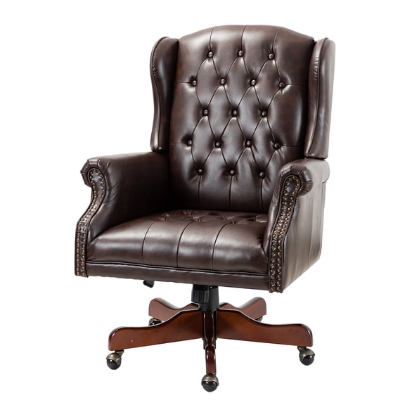 14 Karat Home Vegan Leather Office Chair with Arms and High-Back, Height Adjustable Task Chair with 360 Degree Metal Wheels, Brown