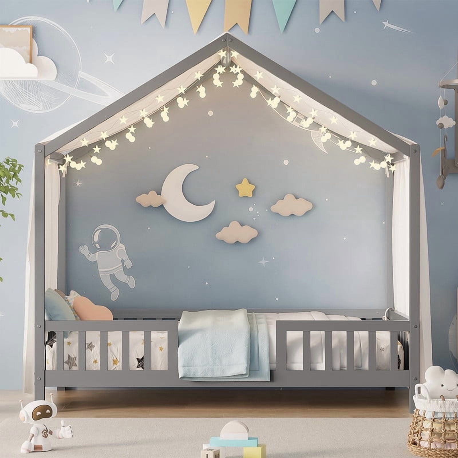 Bellemave Twin Size Canopy Bed, Montessori Floor Bed with High Railings, Wooden Twin Bed with Roof, House Shaped Bed Twin, Grey