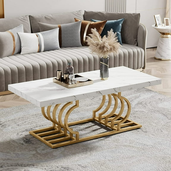 Modern Coffee Table, 47 Inch Faux Marble Cocktail Table with Geometric Frame, Rectangular Center Table Tea Table Accent Furniture for Living Room, Simple Assembly