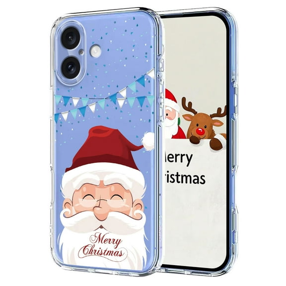 Christmas Design Case for iPhone 16 Plus, Cute Merry Christmas Pattern TPU Clear Shockproof Protective Lightweight Anti-Scratch Ultra Slim Wireless Charging Women Girls Cover, Christmas Santa