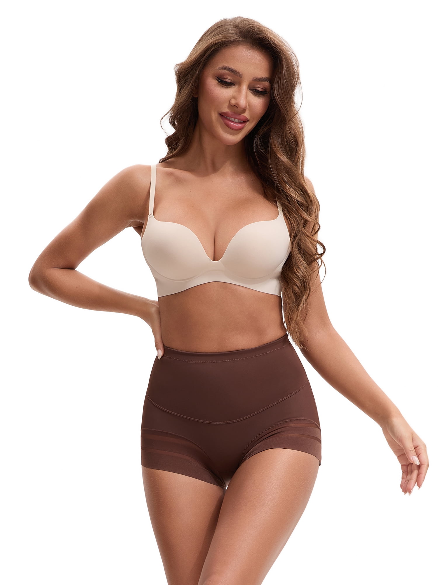 Unique Bargains Tummy Control Shapewear Stripe Mesh Underwear Panties M Coffee