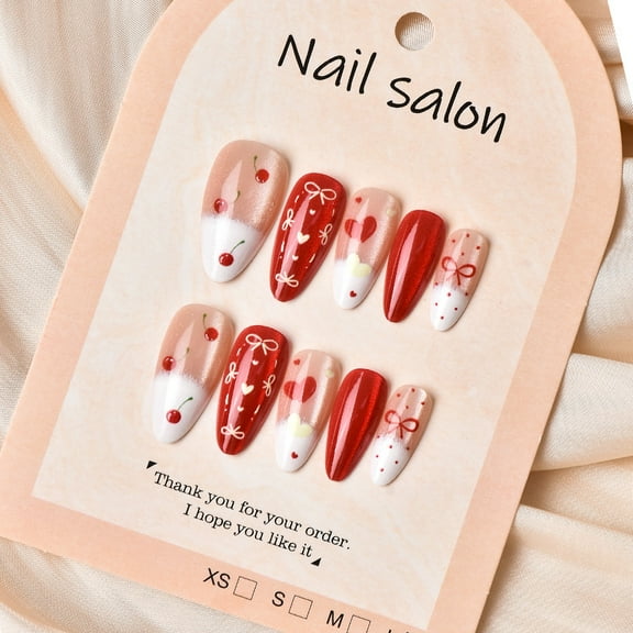 Christmas Valentine's Day Press on Nails, 24PCS Almond Cat Eye Fake Nails, Premium French Tip with Hand-Painted Cherry, Heart & Bow, Reusable DIY Nail Art Kit for Holiday Manicure