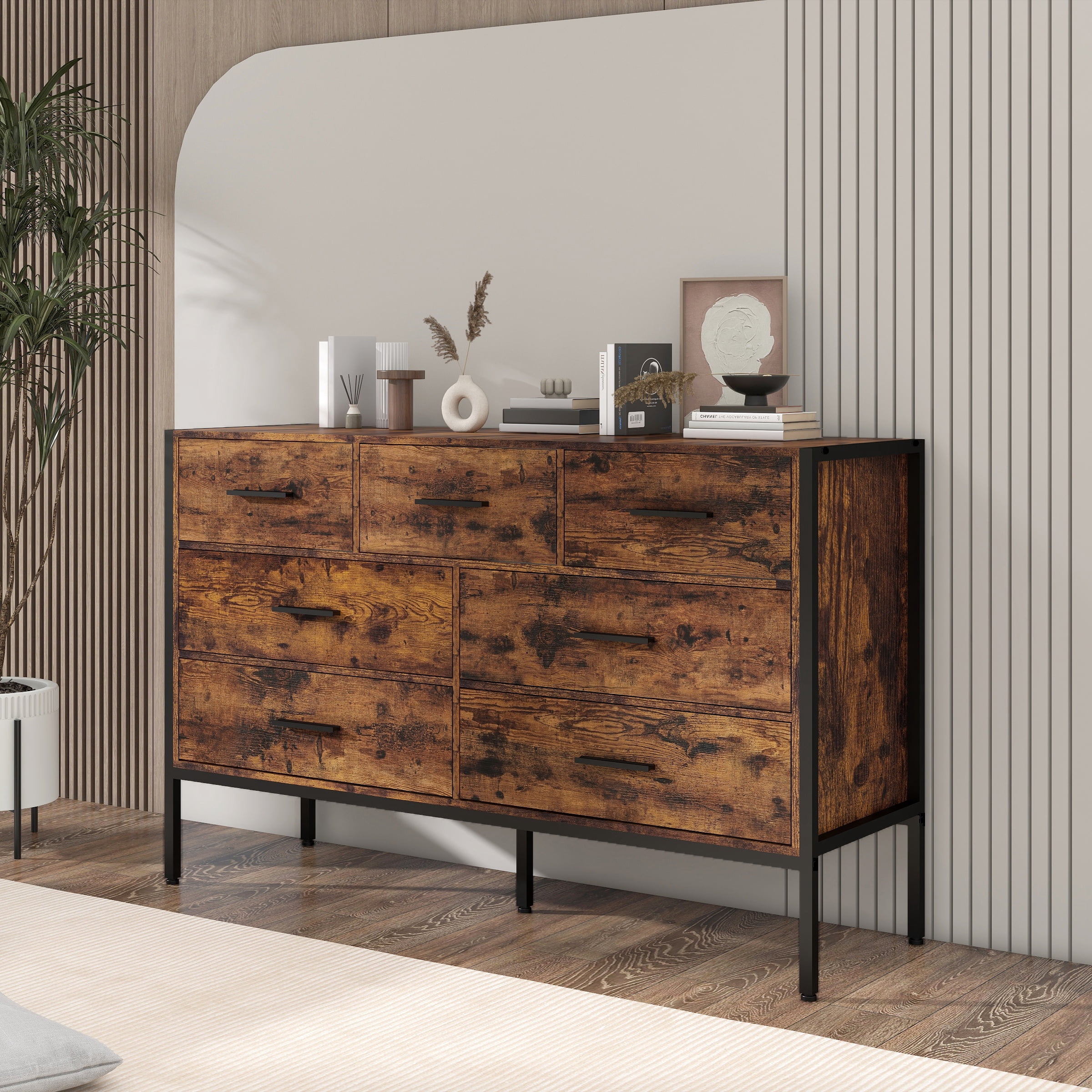 PORKISS 7 Drawer Dresser, Wood Chest of Drawers, Industrial Style Horizontal Dresser for Bedroom, Solid Clothes Storage Cabinet with Sturdy Steel Frame, Wooden Dresser Organizer, Brown