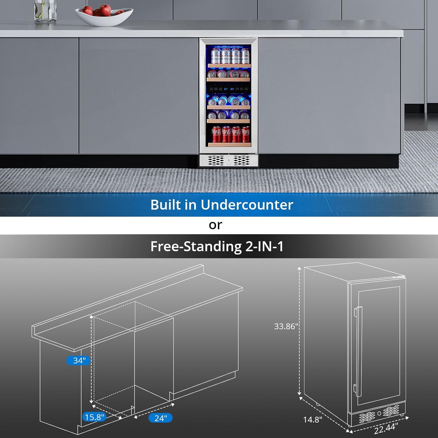 Wine Fridge Cooler,Wine Fridge With Digital Touch Screen,Wine Refrigerator Glass Door,Built in,Freestanding Under Counter Fridge for Beer Soda Drink Home Bar Office,40-66°F