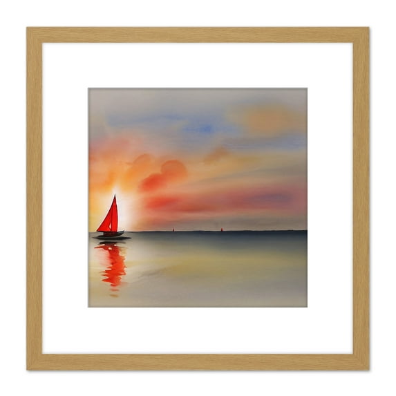 Into The Sunset Watercolour Sailing Red Sail Boat On Calm Sea Square Wooden Framed Wall Art Print Picture 8X8 Inch