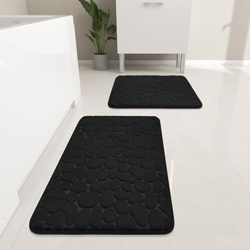 Bathroom Rugs Mat Set 2 Piece Black, Memory Foam Bath Mats Sets, Non Slip Water Absorbent Washable Bath Rugs for Sink, Toilet and Floor