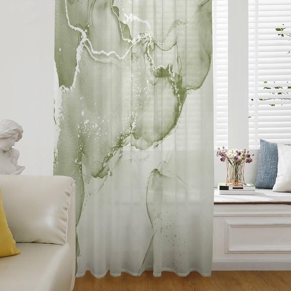 Marble Sage Green Sheer Curtains 84 Inch Length, Light Filtering Voile Curtain Panel, Modern Abstract Ink Painting Luxury Rod Pocket Drapes Window Treatments for Living Room Bedroom 52"x84"