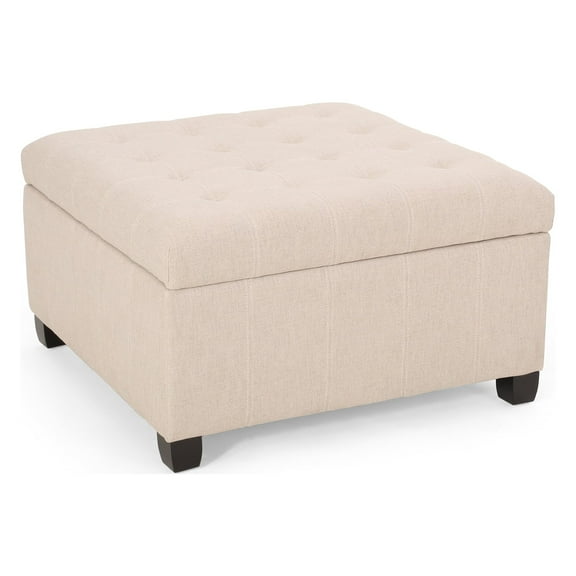 Noble House Willa Contemporary Tufted Fabric Storage Ottoman, Wheat, Dark Brown