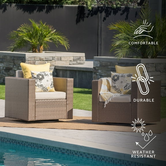 GDF Studio Venice Outdoor Wicker Swivel Club Chairs with Cushions, Set of 2, Dark Brown and Beige