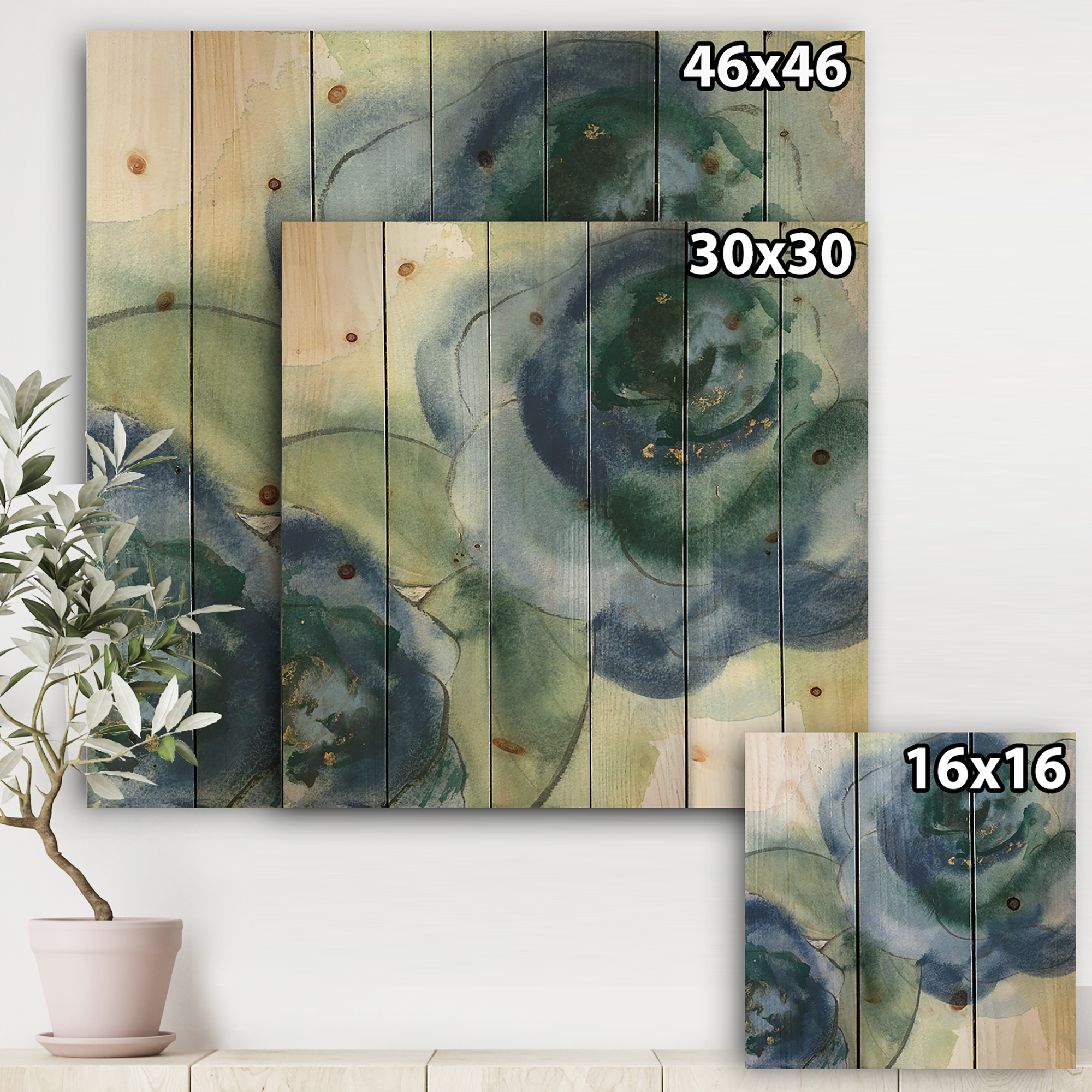 Designart 'Blue Floral Poppies V' Cottage Print on Natural Pine Wood