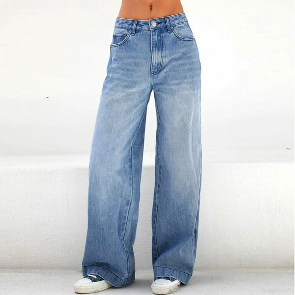 Nfurl Womens Wide Leg Jeans High Rise Casual Denim Pants with Pockets Trendy Streetwear Loose Going Out Work Jeans Ladies Denim Trousers Dark Blue,XS