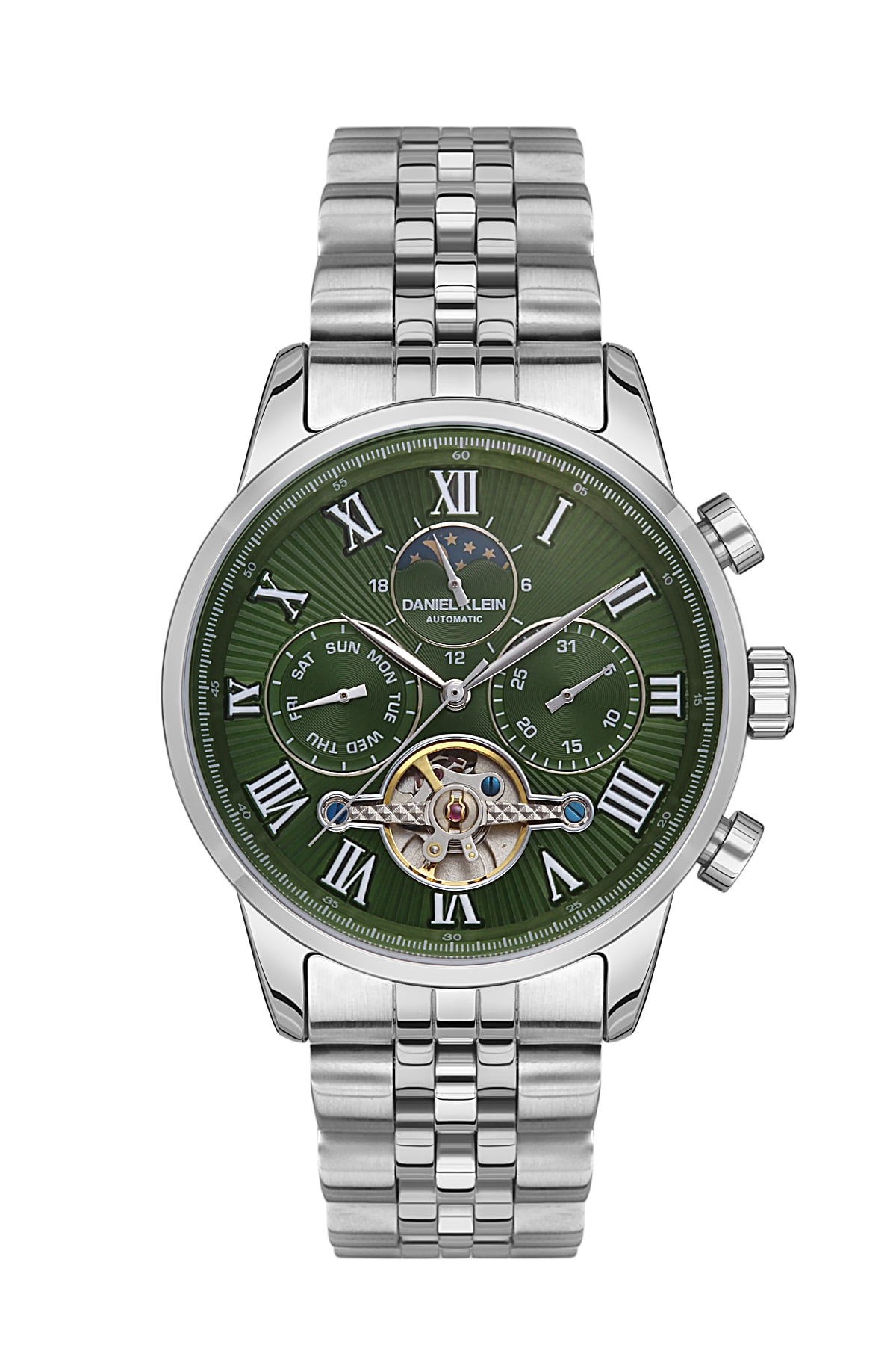 Daniel Klein 43mm Automatic Mens Watch Stainless Steel Strap Dual Time Japanese Moonphase Skeleton Day Date Silver Green Dial Walmart