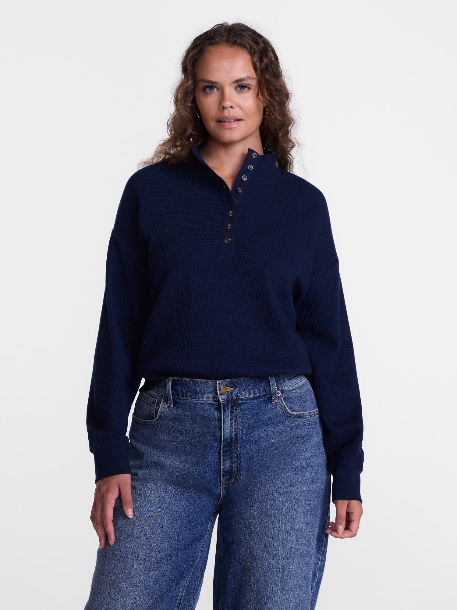 Scenario Women's and Women's Plus Waffle Knit Button Top with Long Sleeves, Sizes XS-4X