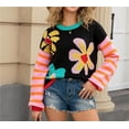 thumbnail image 3 of Suéter de cuello redondo con estampado floral for mujer, holgado, de manga larga, de punto estético, suéteres, 3 of 7