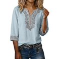 thumbnail image 2 of Pxiakgy Cotton Linen Shirts for Women Cotton Linen Tops Peasant Tops Retro Embroidered 3/4 Sleeve Boho Tops Breathable Top Solid Color Shirts Lightweight Pullover Shirt Mexican Shirts Bohemian Tops, 2 of 7