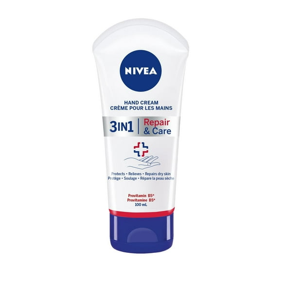 NIVEA Crème pour les mains 3-en-1 Repair & Care pour mains sèches, crème hydratante avec pro-vitamine B5, utilisez après le savon à mains ou désinfectant pour les mains 100 ml