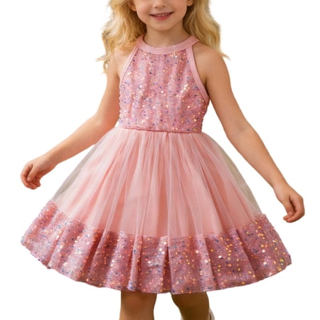 Tisuna Sparkly Dress For Girls Summer Party Gown With Sequin Details Sleeveless Crew Neck Elegant Birthday Toddler Kids Fashionable Dress Pink Size 4-5 Years