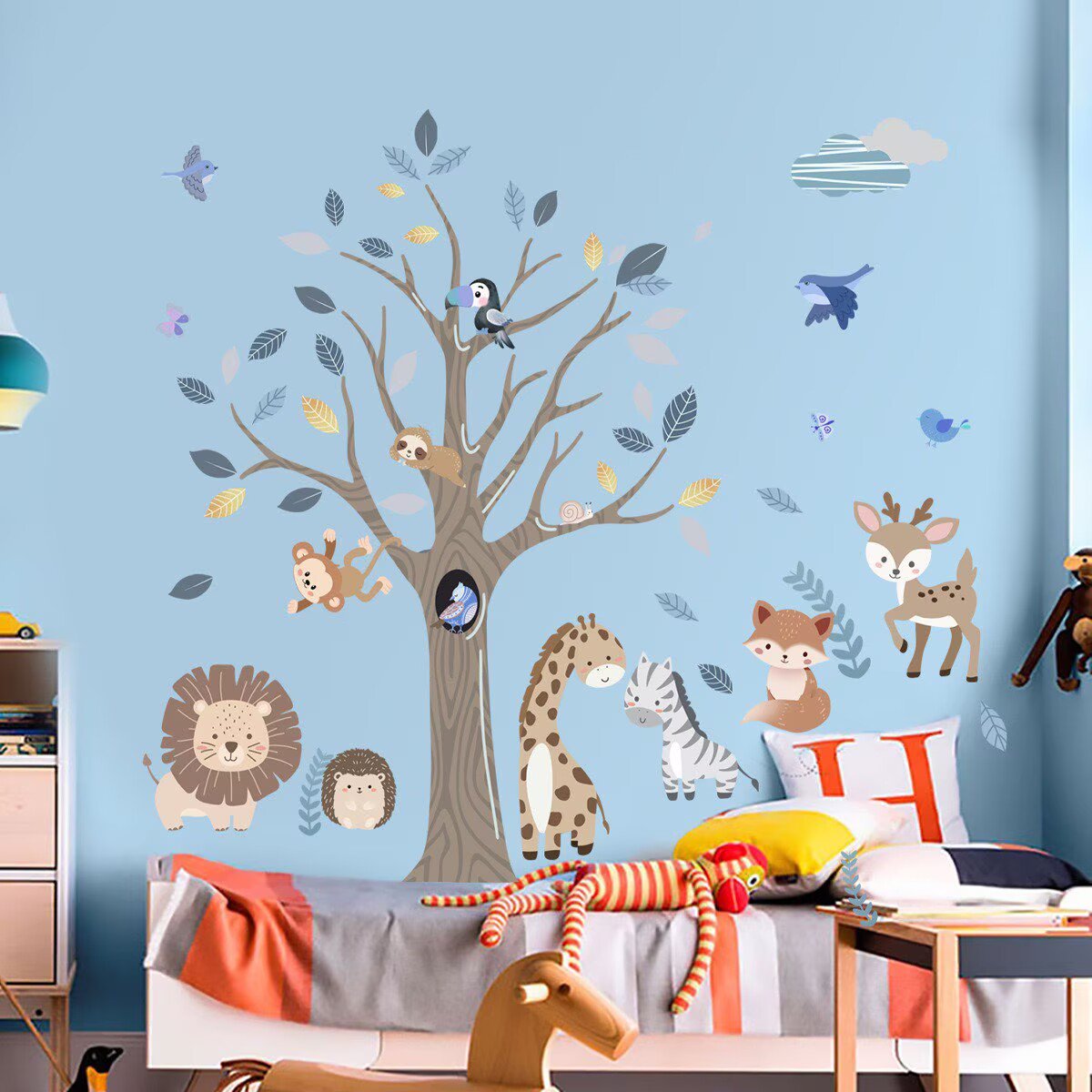 Jungle Animals Tree Wall Decals fox Giraffe Lion Wall Stickers tree Peel and Stick Baby Nursery Kids Bedroom Living Room Wall Decor